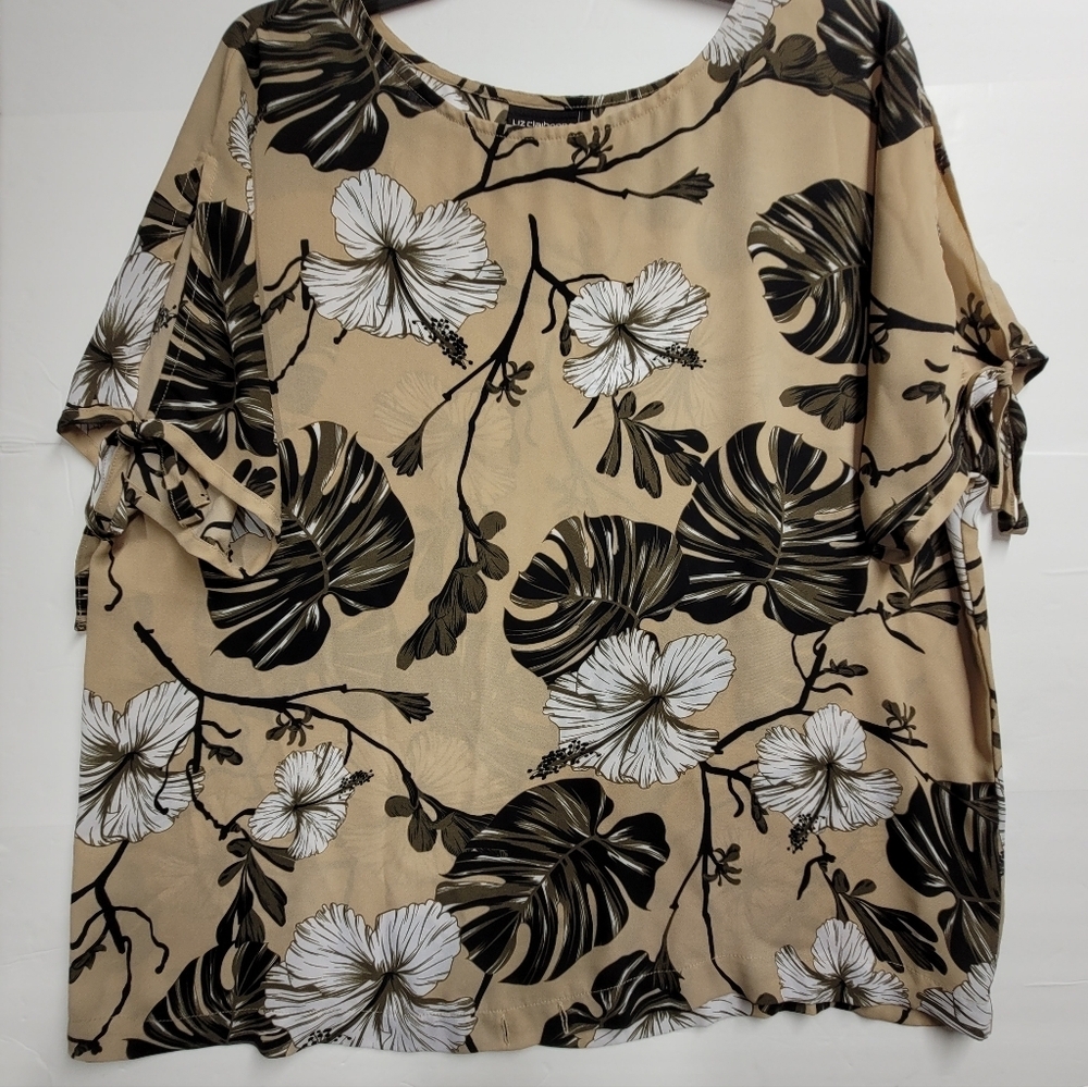 LIZ CLAIBORNE  Floral Tie-Sleeve Women's Top in Beige Size L